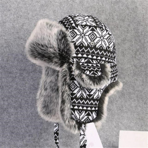 House of Djoser: Fur Black and White Bomber Hat with Ear Flaps